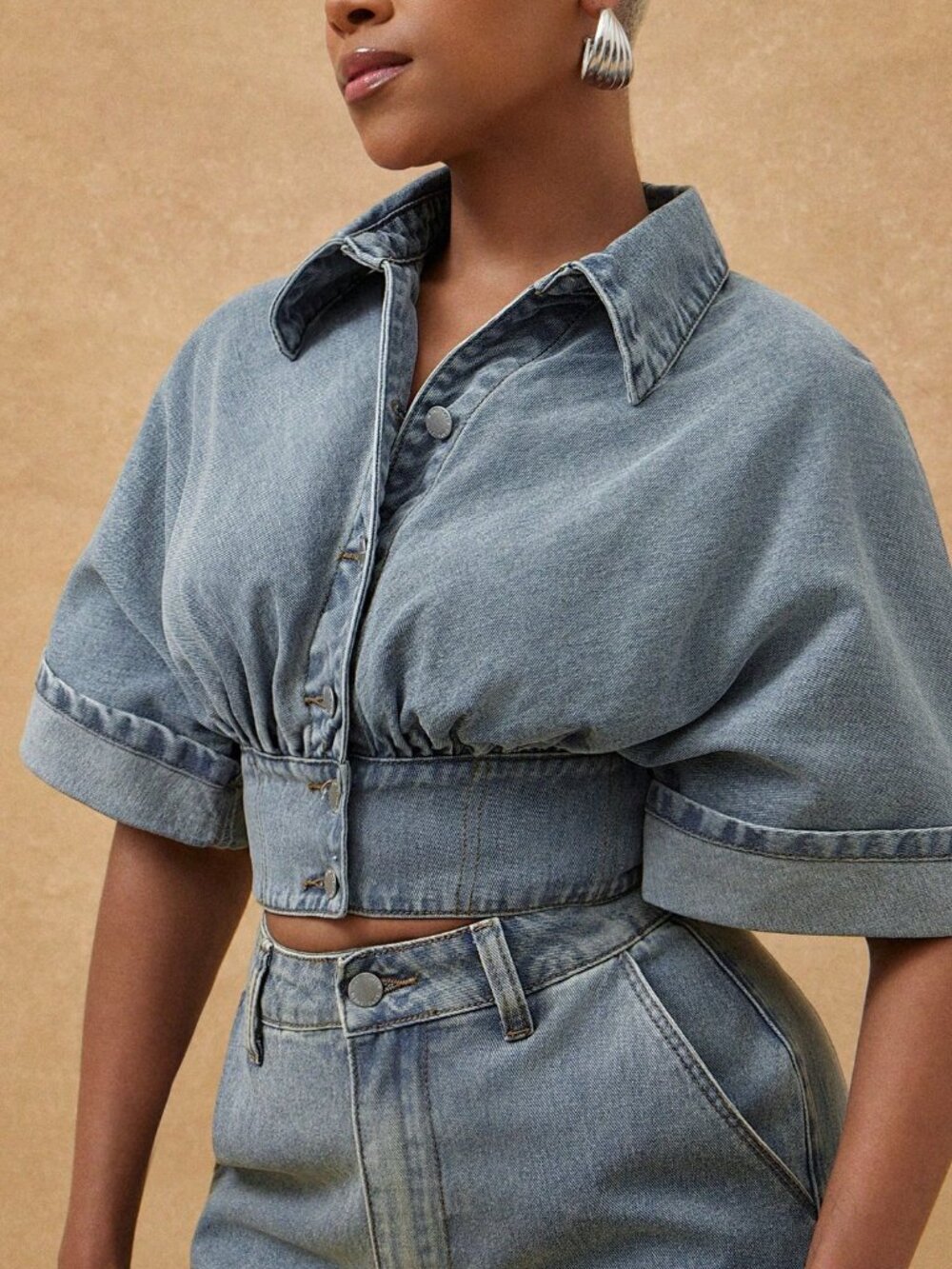 Medium Wash Casual Women's Single-Breasted Pleated Denim Top